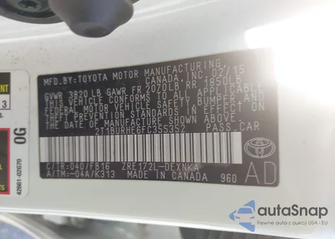 2015 Toyota Corolla Le из США, поврежденный, VIN 2T1BURHE6FC355352